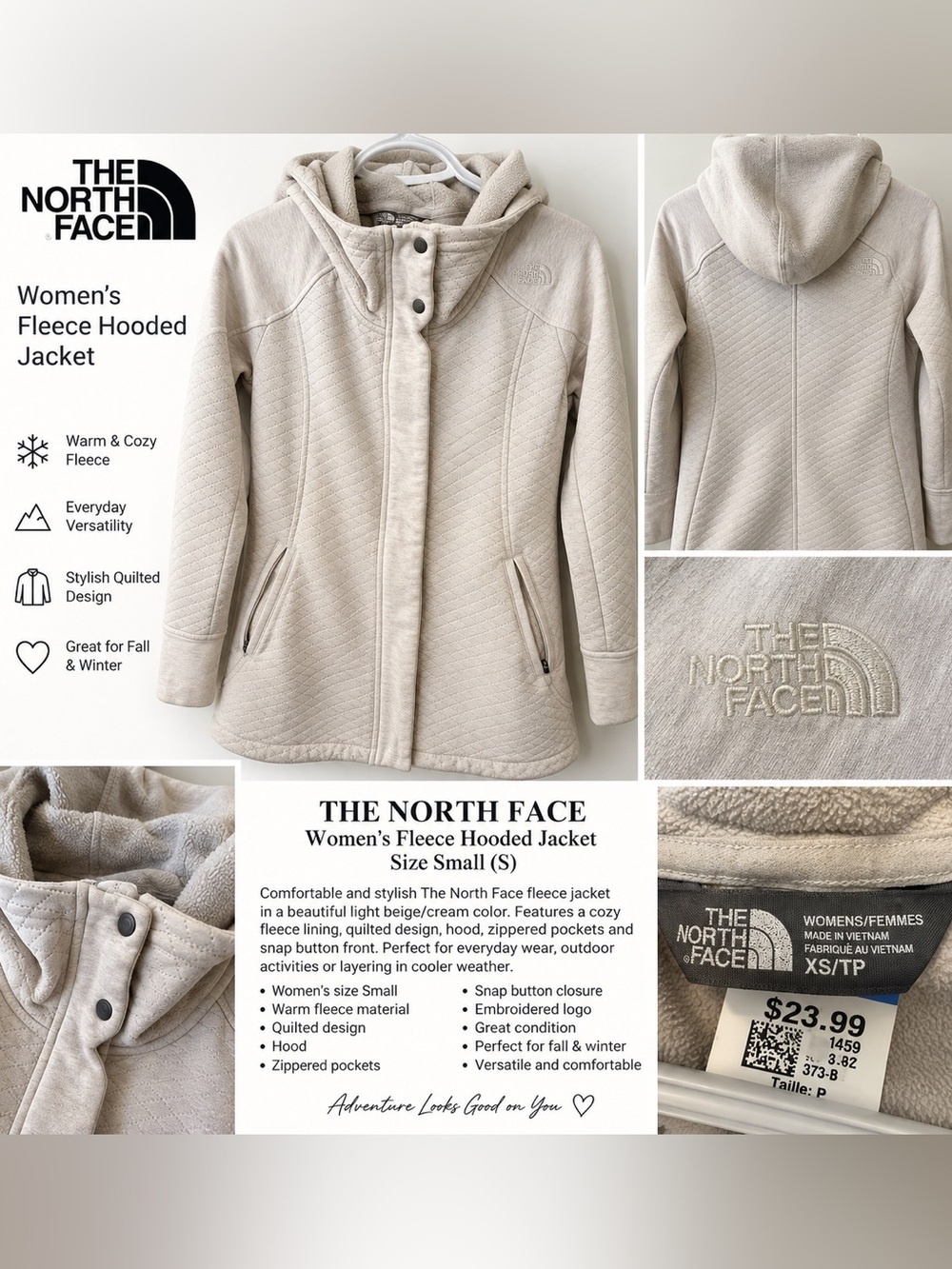 The North Face Women’s Quilted Fleece Hooded Jacket – Cream – XS